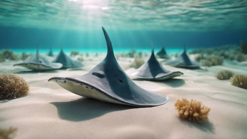 Cartoon-like, smiling stingrays secretly having a meeting at the bottom of a crystal clear ocean.