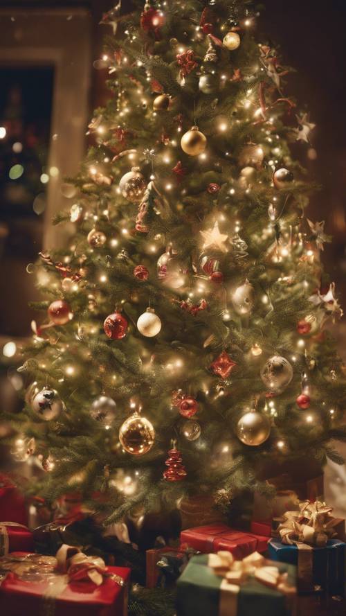 Karlı bir Aralık akşamında kahkaha, sevgi ve ışıltılı süslemelerle dolu bir aile Noel ağacı süsleme geleneği.