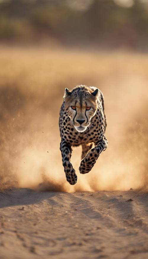 A stunning black cheetah sprinting across a golden savanna with a dust trail behind it, at dusk