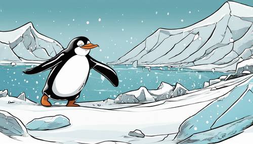Um lindo pinguim preto de desenho animado deslizando desajeitadamente em uma encosta gelada.