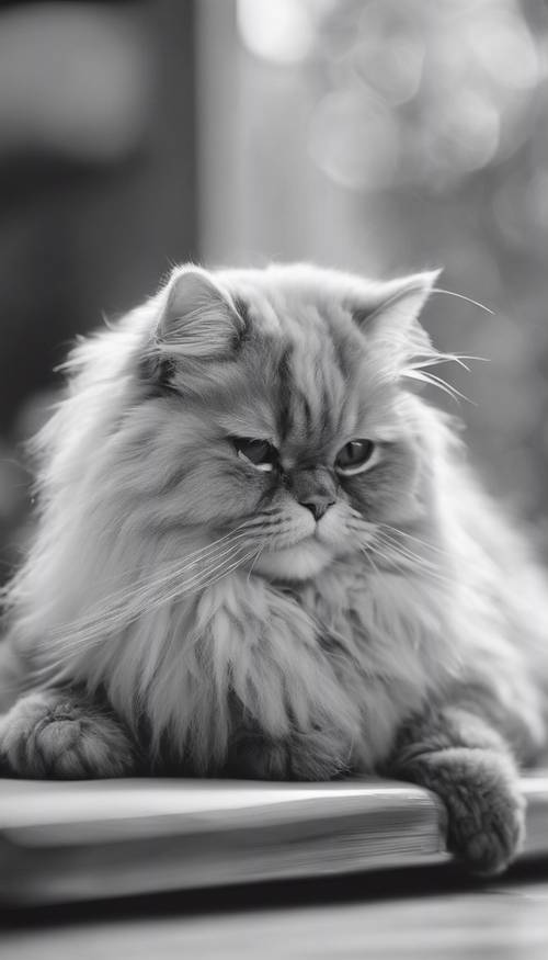 Uma fotografia vintage em preto e branco de um gato persa adormecido.