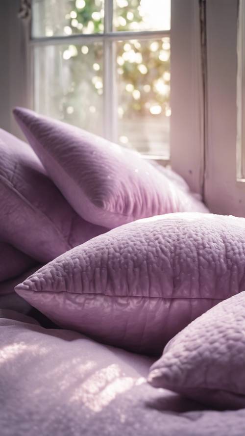 Bantal empuk berwarna ungu muda yang empuk diselimuti sinar matahari pagi yang merembes dari jendela.
