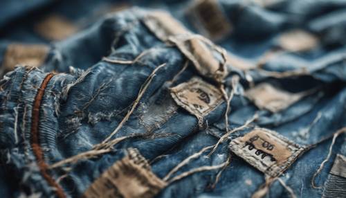 Крупный план потертой джинсовой ткани с потертыми нитками и заплатками. Обои [a8f6068e72554fafa0b3]