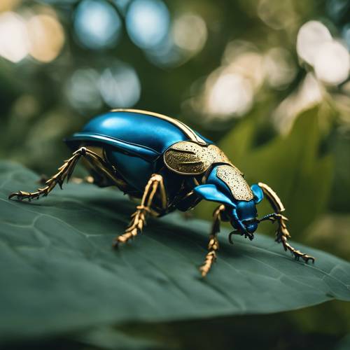 Scarabeo blu metallizzato e oro che striscia su una foglia rigogliosa