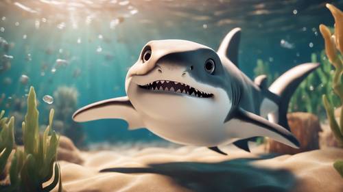 Uroczy rekin z promiennym uśmiechem i dużymi oczami w zabawnym, animowanym stylu przyjaznym dzieciom.