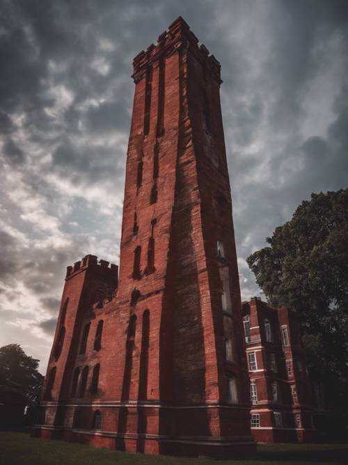 Una esbelta torre de ladrillo rojo que se adentra en un cielo nublado y crepuscular.