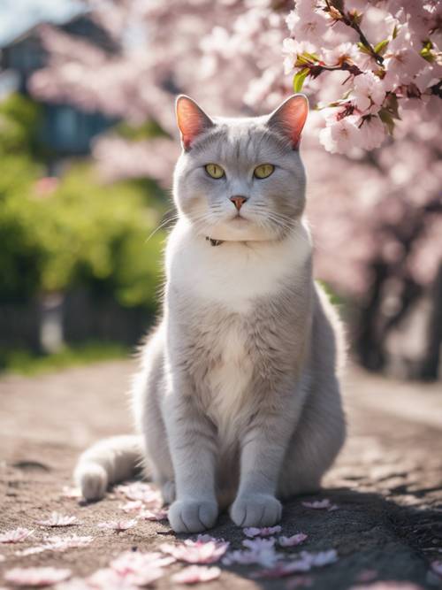 Seekor kucing Chartreux putih beristirahat dengan damai di bawah pohon sakura yang mekar penuh pada sore musim semi yang tenang.