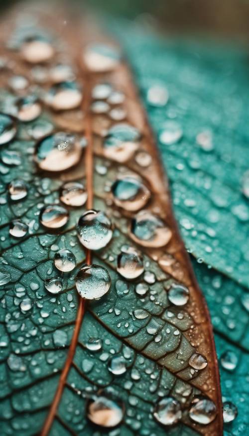绿松石叶子上雨滴的详细特写。