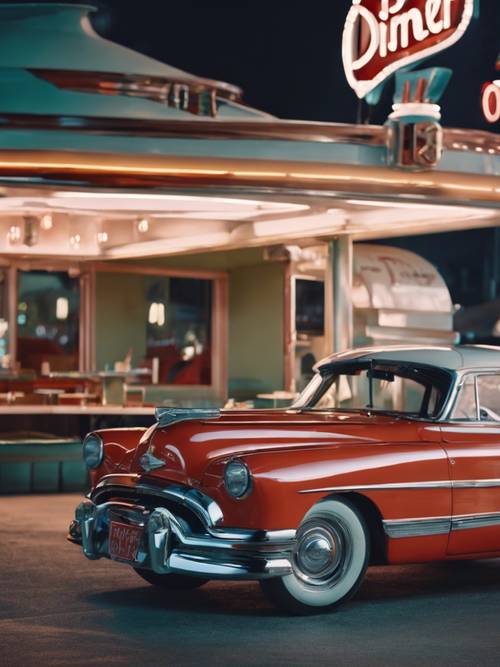 A shiny classic car parked in a nostalgic 1950's drive-in diner