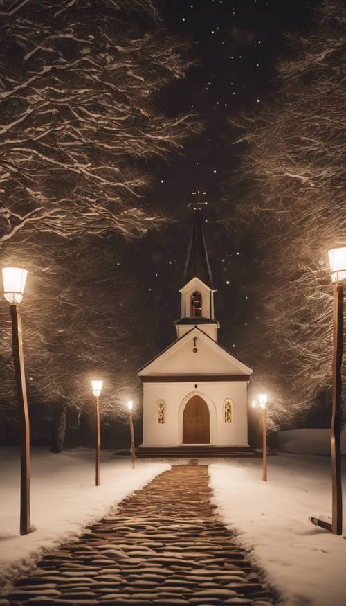 Uma cena em perspectiva de um caminho de pedras marrons coberto de neve que leva a uma pequena igreja na noite de Natal.