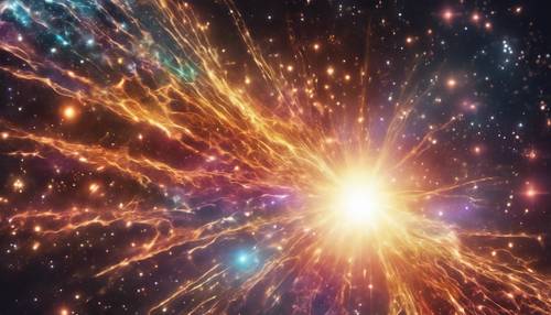 Parlak bir ışık ve renk patlamasını tasvir eden, süpernovaya dönüşen bir yıldız.