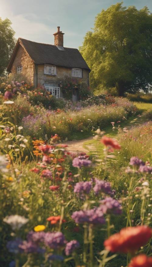 田園詩般的鄉村小屋，在午後柔和的陽光下，周圍環繞著各種絢麗的野花。