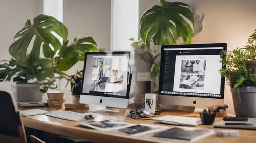 An organized desktop in a home office with family photographs, sticky note reminders on a monitor border, a small indoor plant, and a mug with a motivational quote.