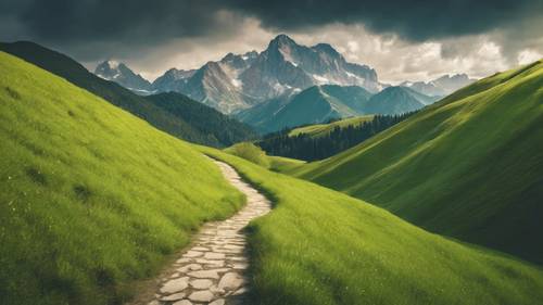 Uma paisagem montanhosa cênica com prados verdes e um caminho sinuoso, a liberdade do cenário ecoando a frase &quot;A única maneira de fazer um ótimo trabalho é amar o que você faz&quot;.