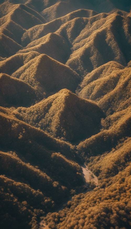 Pemandangan pegunungan bergaya boho dari atas yang memperlihatkan pola tenun rumit pada lanskap.