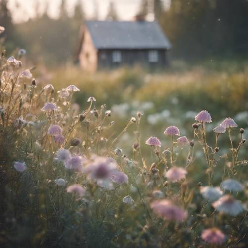 A soft pastel hued morning where dew kissed wildflowers surround a rustic, cozy cottagecore scene.