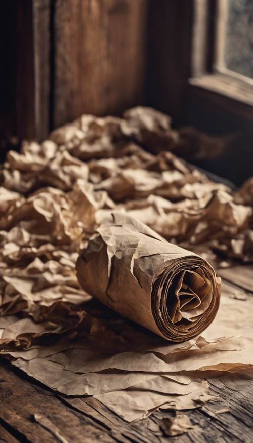A rustic, earth-toned, crumpled paper lying on an antique wooden desk. کاغذ دیواری [c6c70bb626f24f4280f2]