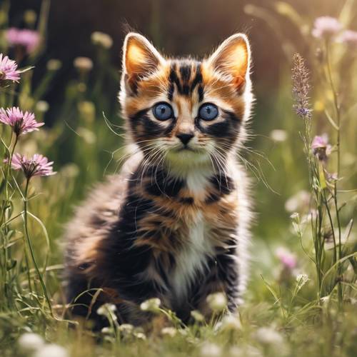 An adorable tortoiseshell kitten carefully exploring a blooming meadow full of wildflowers