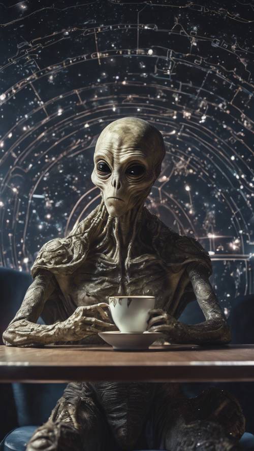 An adult alien sipping galaxy-tea in a contemplative state, surrounded by star charts and strange symbols etched onto the walls of its space-ship. Tapet [cd6a35423d3b47268086]