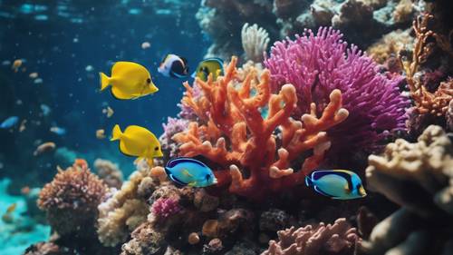 Pemandangan bawah air yang semarak memperlihatkan beragam terumbu karang yang dipenuhi ikan tropis berwarna-warni.