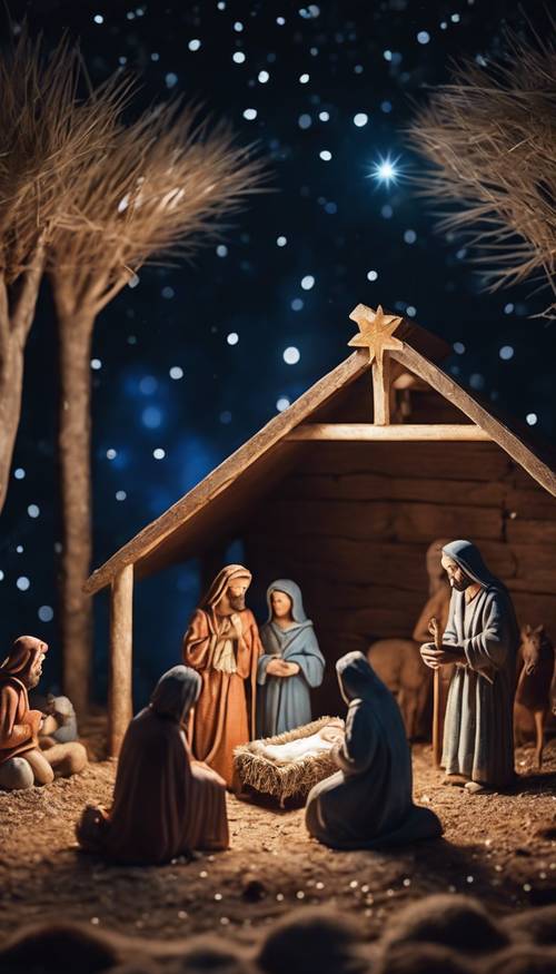 Il presepe raffigurato in diverse tonalità vivaci sotto il cielo notturno stellato.