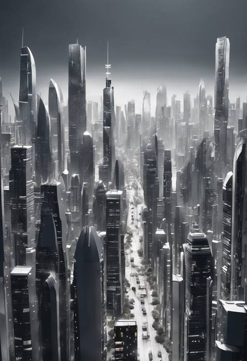 A sleek and futuristic city skyline composed primarily of shades of grays and whites.