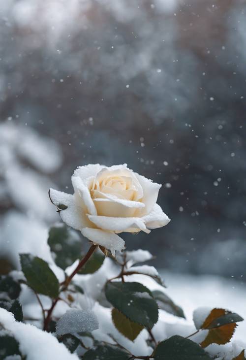 눈이 살짝 뿌려진 흰 장미가 겨울 아침에 포착되었습니다.