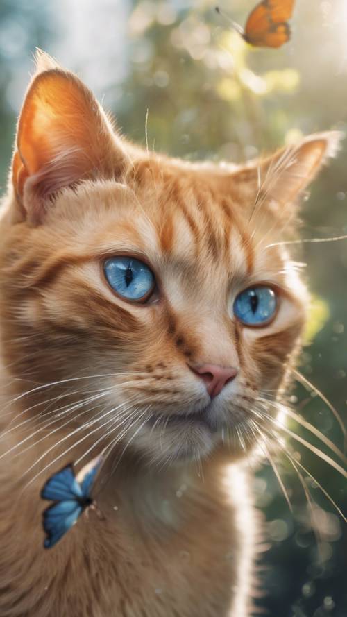 A youthful orange cat with piercing blue eyes staring curiously at a fluttering butterfly.