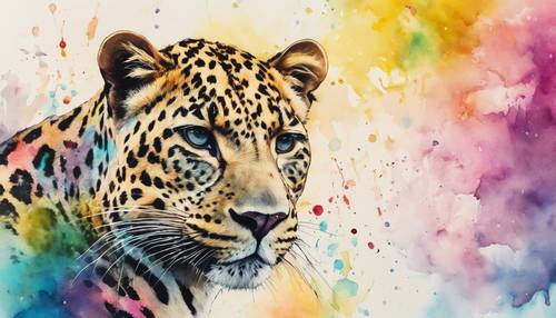 An abstract watercolour painting inspired by the leopard print, using rainbow colours.