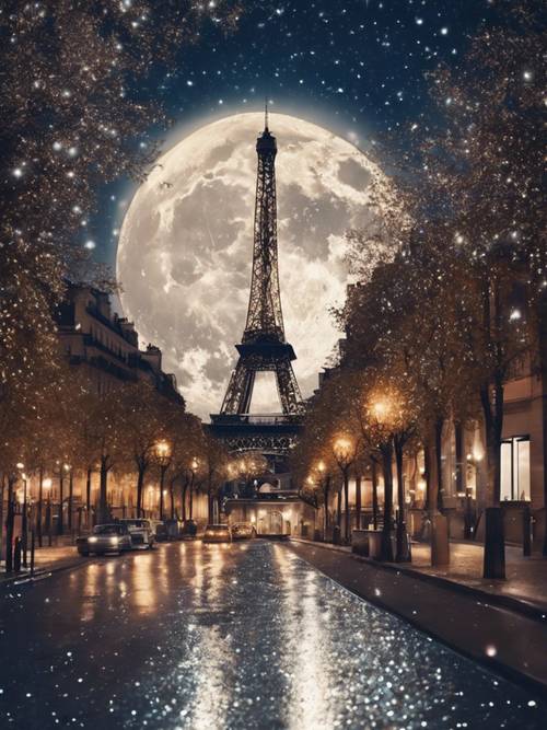 Una romantica notte di luna piena con stelle scintillanti su Parigi.