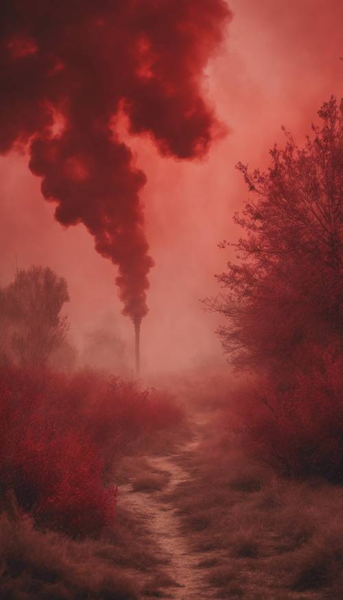 Yoğun kırmızı dumanla kaplanmış puslu, gerçeküstü bir manzara.