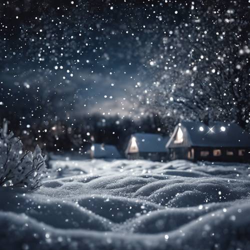 Gece yarısı gökyüzünün altında siyah ve gümüş parıltılarla serpiştirilmiş tertemiz bir kar manzarası.