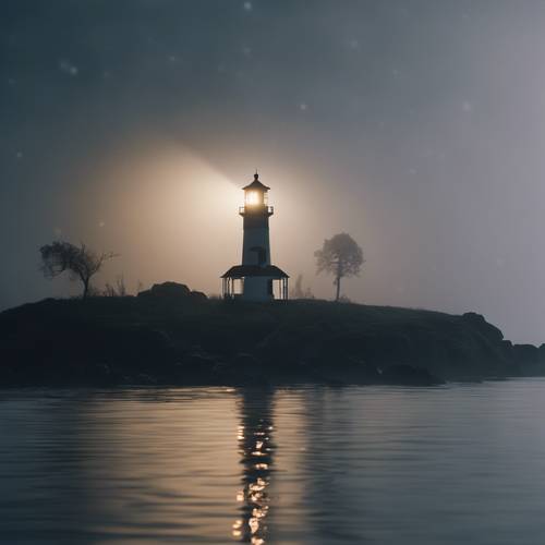 Derin karanlık suyun üzerindeki sisli geceyi kesen bir deniz feneri spot ışığı.