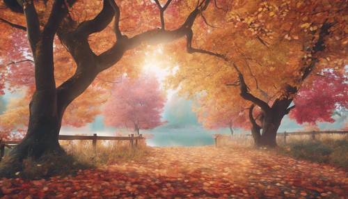 A kawaii-style autumn landscape, with colourful leaves decorating the trees.