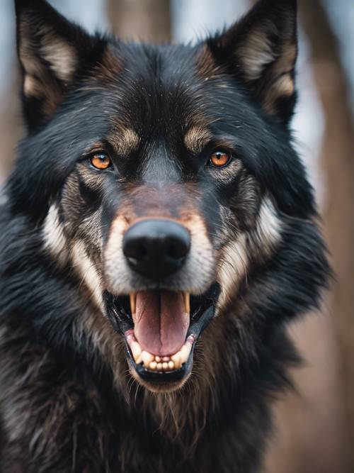 Detail-oriented portrait of a grinning black wolf after a successful hunt.