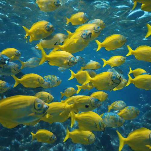 An underwater view of a school of blue and yellow fish swimming in the crystal-clear sea.