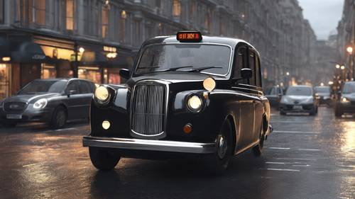 A classic black London taxi on a busy city street in the rain.