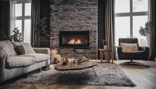 Una chimenea hecha de ladrillos negros y grises en una acogedora sala de estar.