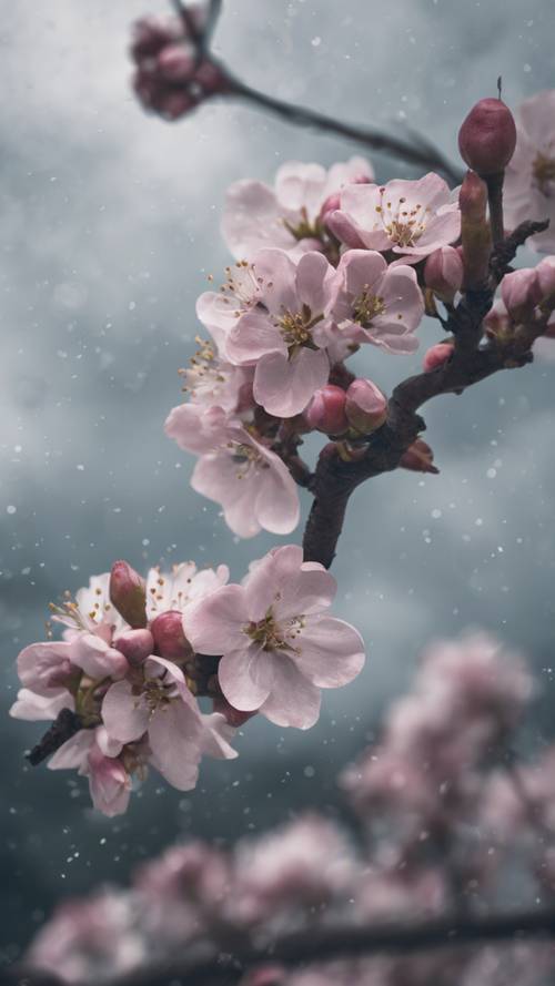 A monochromatic image of a branch heavy with apple blossoms against a stormy sky.