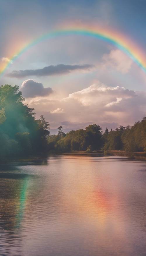 Un cielo sereno por la mañana luciendo un vibrante arcoíris en forma de sonrisa. Fondo de pantalla [bc0bfc4626784e7fb91c]