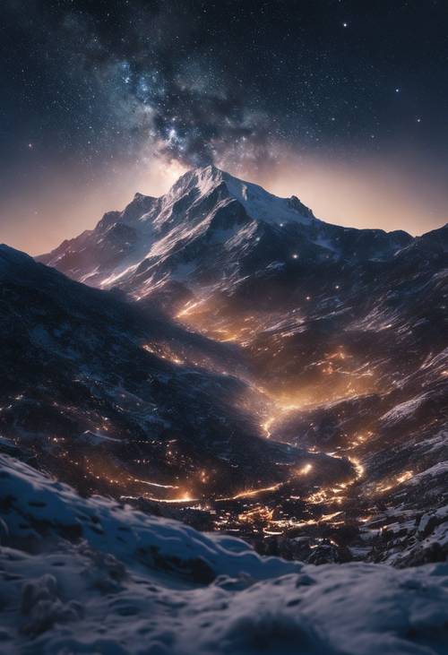 Un impresionante paisaje nocturno de montañas bajo un esternón de estrellas titilantes.