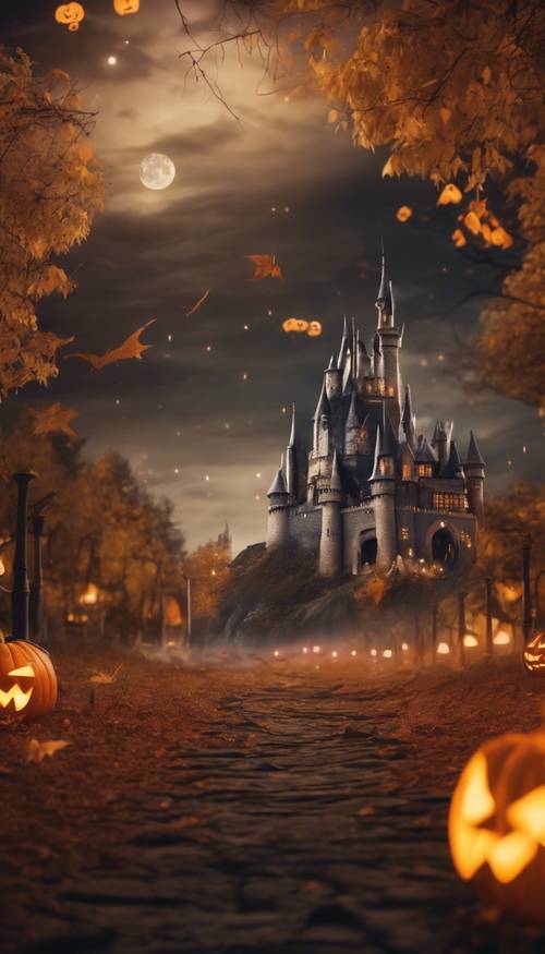 Cảnh đêm Halloween huyền diệu với những cây chổi bay, lâu đài lấp lánh ở đằng xa và những sinh vật thần thoại đang tham gia lễ hội.