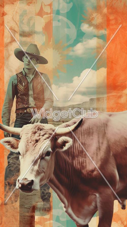 Cowboy and Longhorn in a Desert Scene