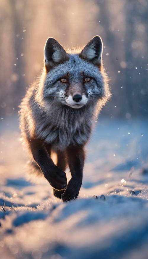 一只银狐在蓝色的黎明下嬉戏。