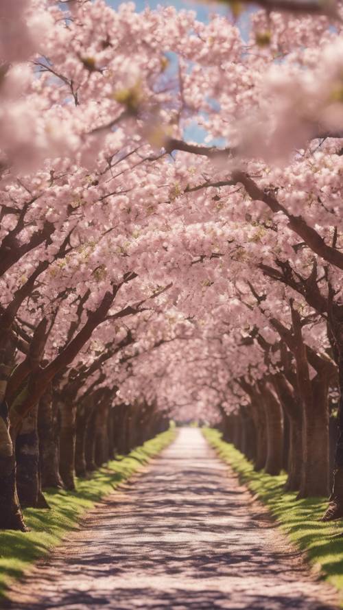 Des rangées de cerisiers en fleurs de macadamia en pleine floraison par une journée ensoleillée.