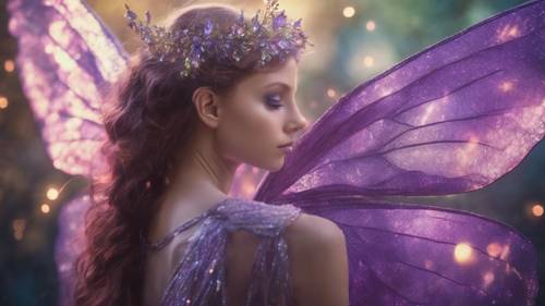 A magical fairy with iridescent wings enveloped in a sparkling purple aura.