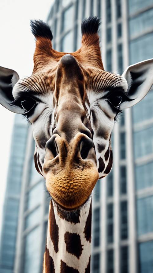 Eine Giraffe in einer städtischen Umgebung, die ihren Kopf hinter einem Wolkenkratzer hervorstreckt und die wilde Natur symbolisiert, die der Urbanisierung entgegentritt.