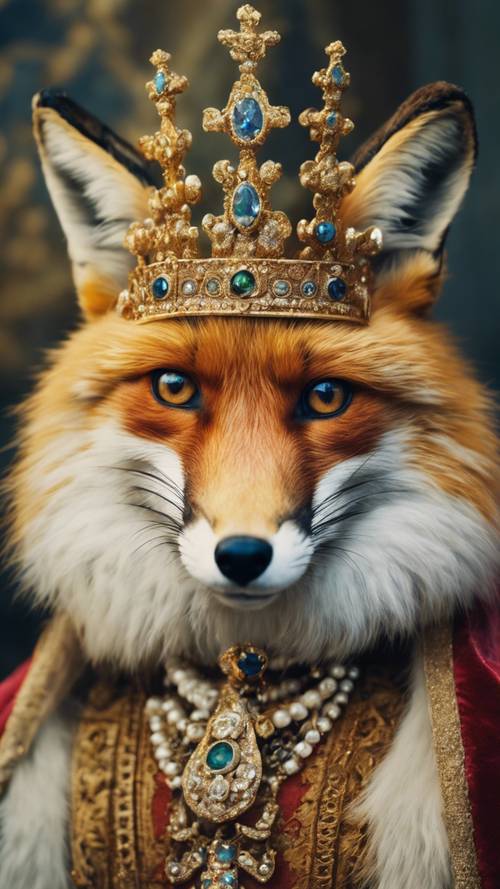 An antique painting of a royal fox adorned with a golden, jewel-encrusted crown.