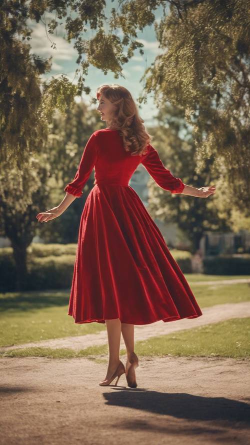 A red velvet swing dress from the 1950s, dancing in the wind on a sunny day.
