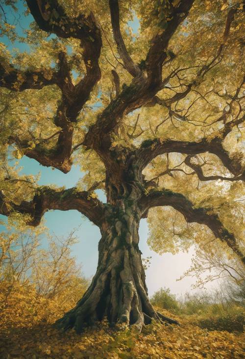 Uma árvore velha e sábia com uma mistura de folhas verdes e douradas contra um céu claro.